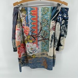Chicos off the shoulder Asian silk like floral nature patterned strapless blouse